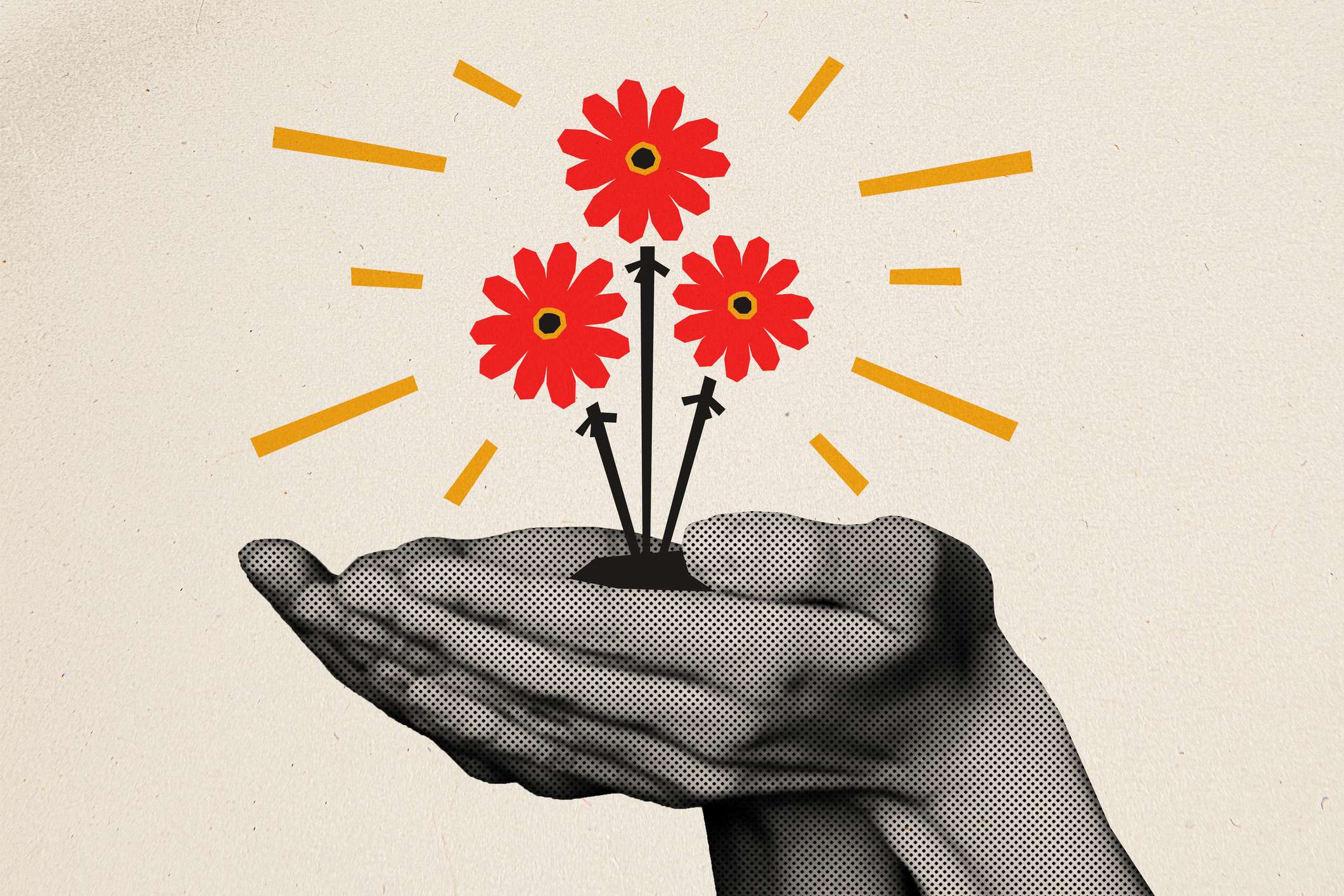 A hand holding three blooming red flowers, representing business growth and readiness