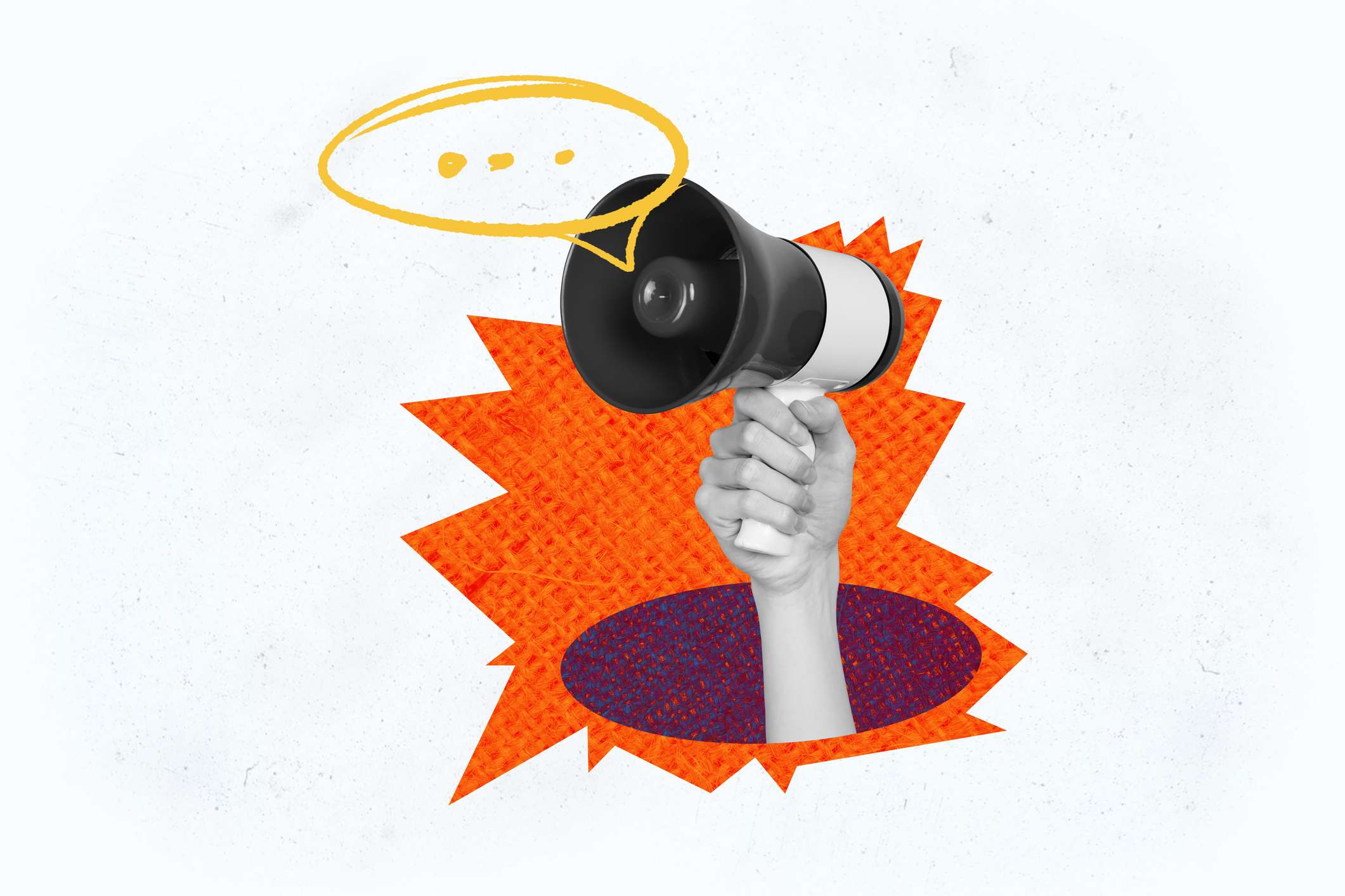 Composite photo collage of hand hold megaphone propaganda news agitation strike speech bubble activist isolated on painted background